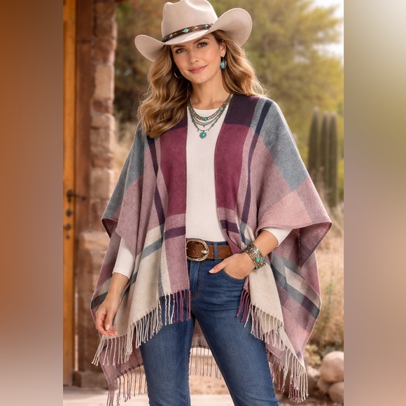 NWOT Three Dots Cashmere Blend Poncho Western Fringe Poncho - Picture 7 of 7